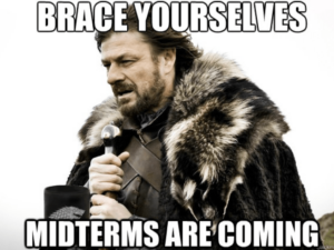 Character from the Game of Thrones with text stating "Brace yourselves - Midterms are coming"
