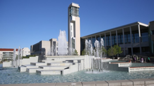 Missouri State's fountain with Meyer Library, Glass Hall, and Strong Hall in the background. 