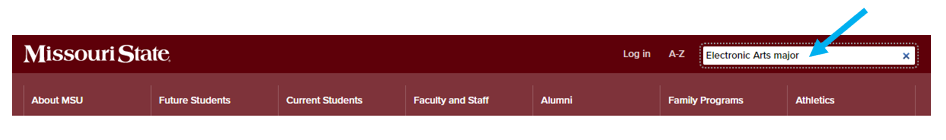 A blue arrow points to the search bar on the Missouri State Webpage