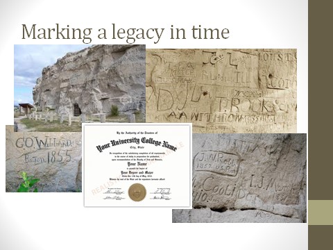 Several photos of Register Rock, including close ups of names and dates etched into the rock. Plus an image of a college diploma. Text states: Marking a legacy in time.