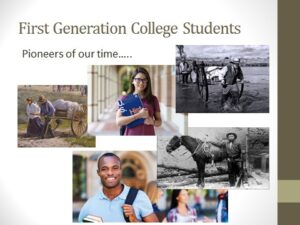 Collage with three photos/drawings of pioneers, 2 photos of smiling college students. Text on collage: First Generation College Students, Pioneers of our time...