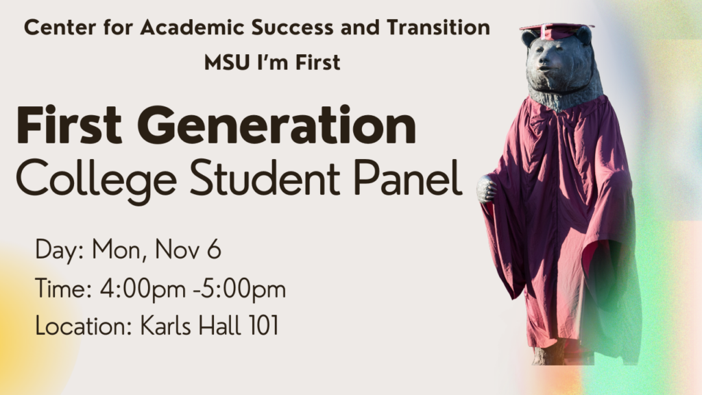 First Generation College Student Panel flyer, includes an image of the PSU bear statue wearing a graduation cap and gown