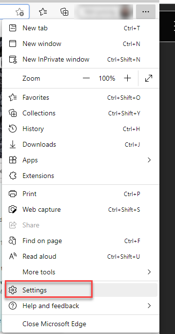 Microsoft Edge menu showing the settings option