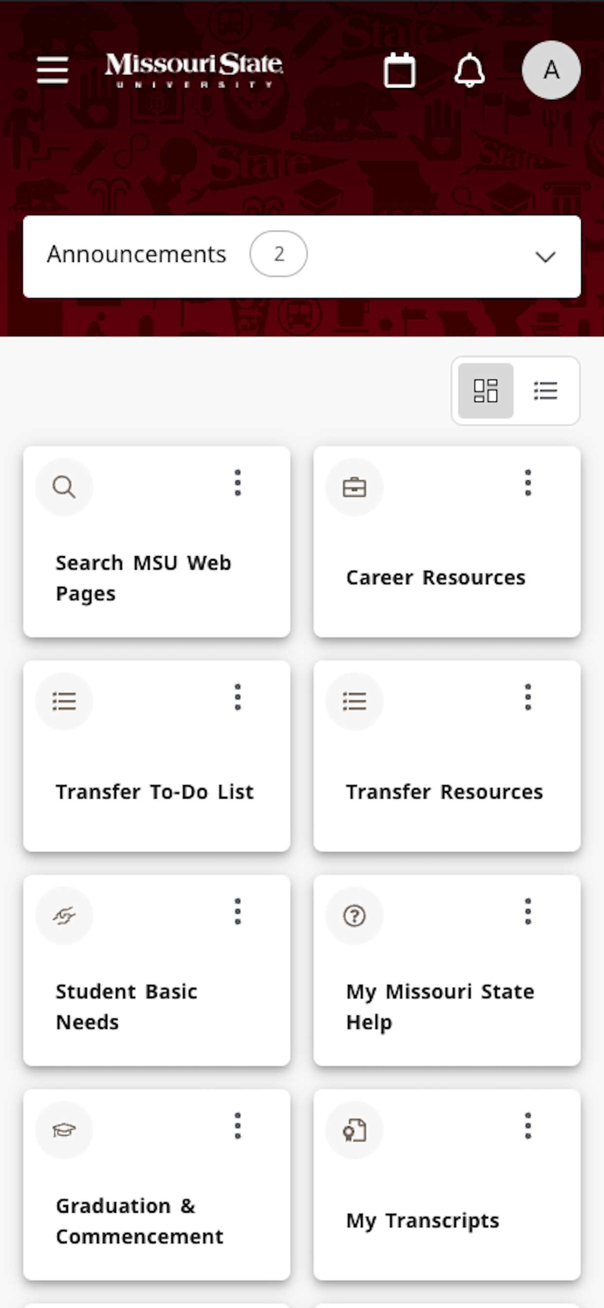The Home page dashboard in MSU Mobile