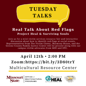 Maroon background with yellow lettering that says Tuesday Talks-Real Talk about Red Flags 