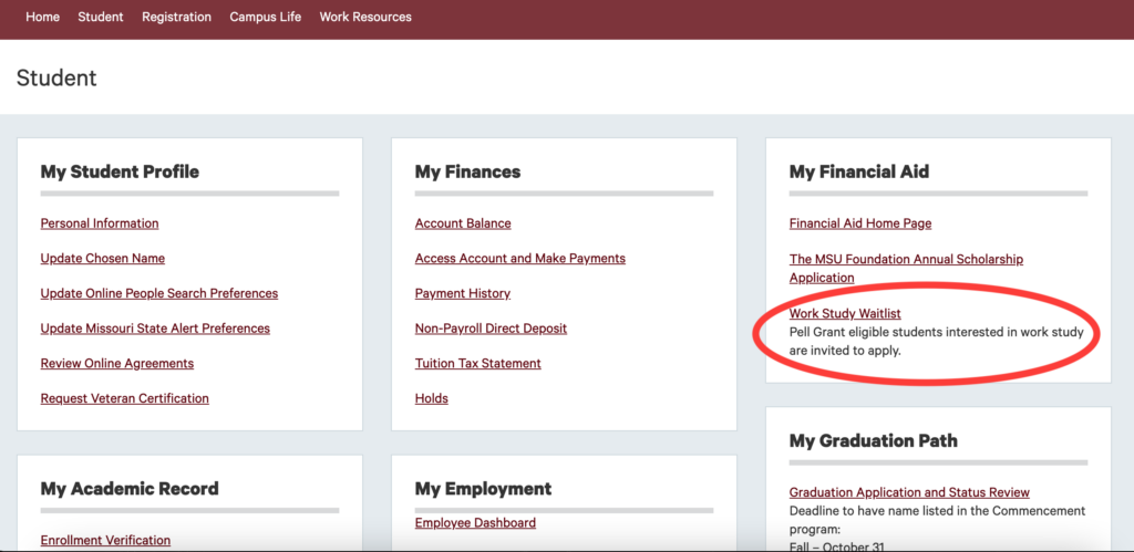 Image of the Work-Study Waitlist located on the Student section of the My Missouri State Webpage.