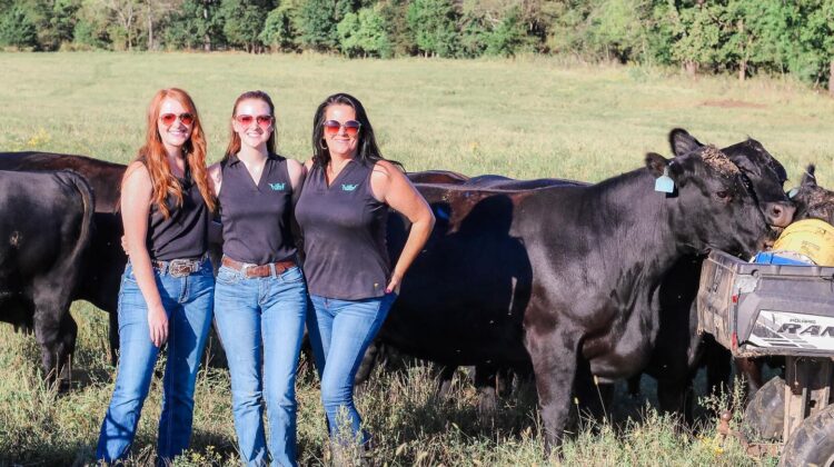 Macey Hurst (left), her sister Emma (middle) and her mom Staci (right) with some cattle on their farm.