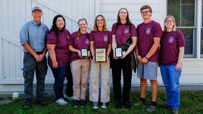 The Missouri State University Soil Judging Team (from left to right) with its awards: Coach Michael Bowers, Brandie Elliott, Anna Maria Snodderly, Megan Leirmann, Raina Clements, Brigham Lee and Coach Lindsey Anderson.