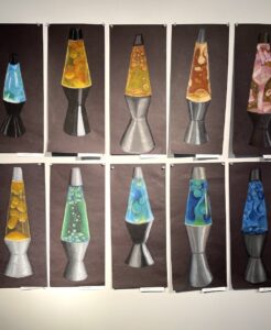 Colorful lava lamp drawings by Dorie Lea's students