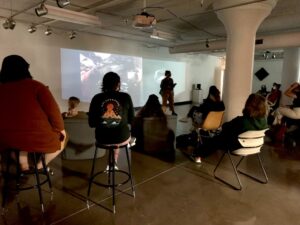 A Slow Viewing group focusing on Monika Weiss' projected artwork in September 2021