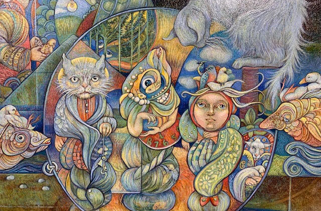 Painting depicting fantastical creatures that are a blend of fish, cats, birds, and more, with human forms.