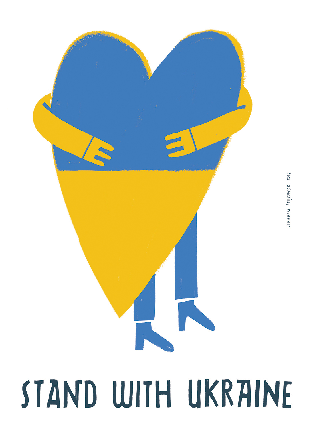 Drawing of a person holding a heart using the colors of the Ukrainian flag, created by Nikodem Pregowski, 2022.