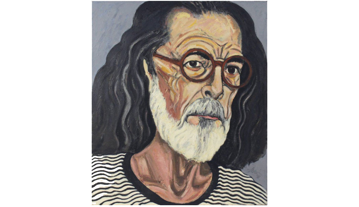 Rodney Frew's painting called Self, My 65th Year, 1998, Oil on canvas. Self-portrait showing a figure with white beard, round glasses, and long black hair.