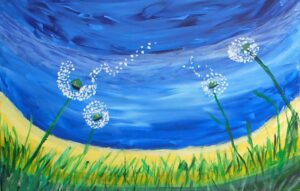 A vibrant painting of dandelion puffs blowing in the wind.