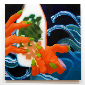 A colorful painting of distorted hands with bright green, pointed fingernails