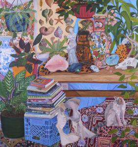 A colorful oil painting featuring houseplants, a cat, and books