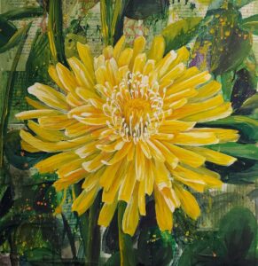 A painting and collage featuring shades of green and a bright yellow dandelion flower