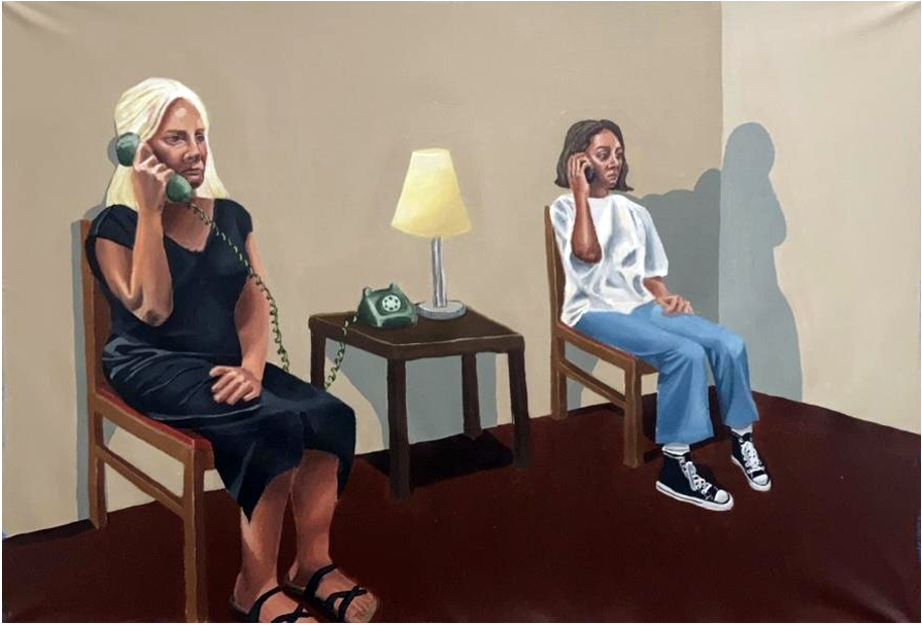 A painting of two figures sitting in chairs, one holding a corded phone and the other holding a cell phone