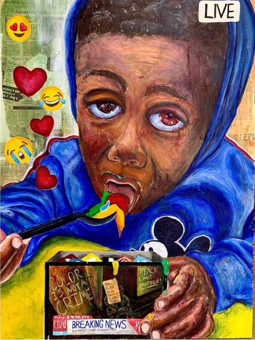 A painting of a Black male subject eating from a breaking news screen, surrounded by various news articles and emojis