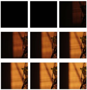 A grid of six photos featuring shadows and dim light on a wall