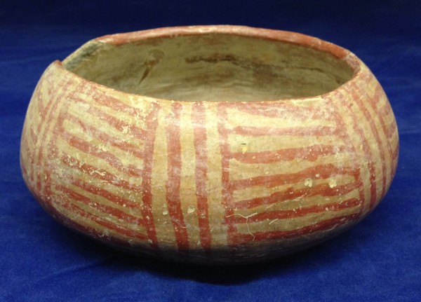 Vessel with Vertical and Horizontal Painted Red Lines Chupícuaro culture 400-100 B.C.E. Ceramic and pigment, L. 16 cm x W. 16 cm x H. 8 cm Ralph Foster Museum collection #HA 133