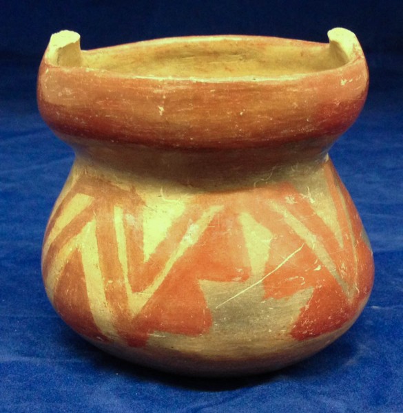 Vessel with Cinched Neck and Orange Painted Design Chupícuaro culture 400-100 B.C.E. Ceramic and pigment, L. 9.5 cm x W. 9.5 cm x H. 11.1 cm Ralph Foster Museum collection #76.790.51