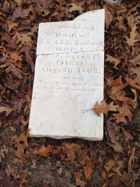 Headstone of Laura A. Caldwell American Midwest culture 19th century Marble, L. 35.7 cm x W. 4.8 cm x H. 45.1 cm Union Campground Cemetery #25