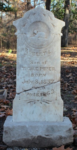 Headstone of Robert L. Piper American Midwest culture ca. 1863 Marble, L. 38 cm x W. 5.3 cm x H. 91.6 cm Union Campground Cemetery #23