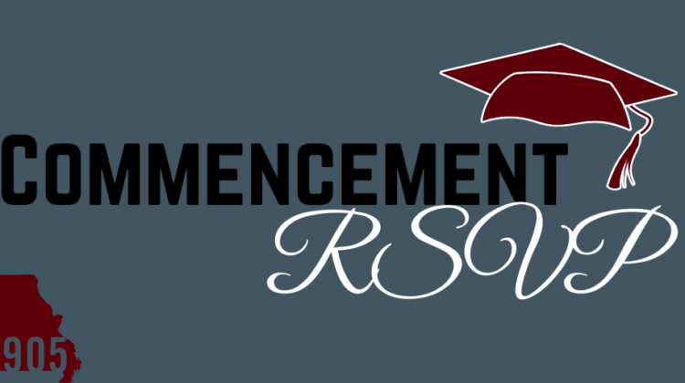 Commencement RSVP banner with maroon graduation cap and 1905 Missouri logo