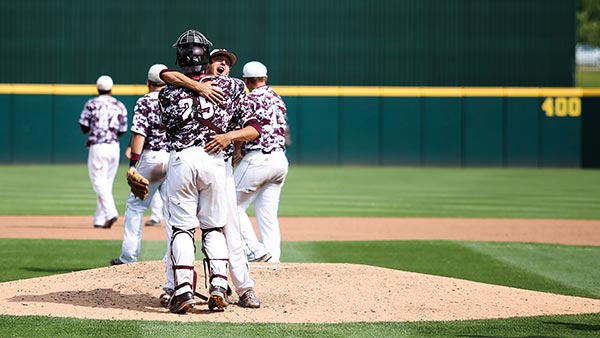Baseball Bears hugging on pitcher's mound