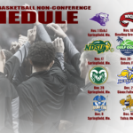 Graphic with text Men's Baskeball Non-Conference Schedule and school logos