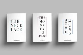 Three, symmetrical rectangles designer with text reading, "The Necklace," "The Money's Paw," and "The Open Window"