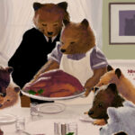 drawing of Bears gathered around a table with a turkey. Missouri State University GoMaroon.com
