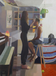 Painting of a woman standing, doing the hair of a man sitting on a step ladder (Art credit: Mikey Yates)