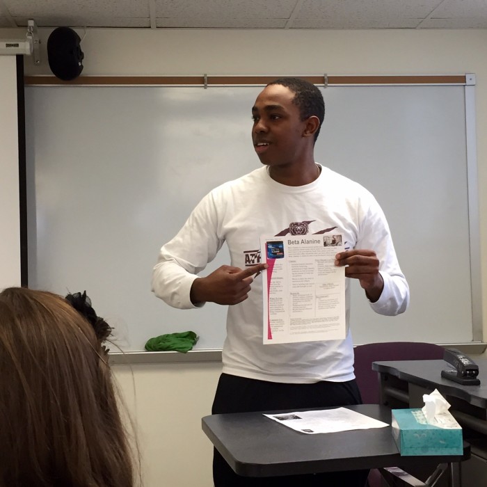 Athletic training student, Darryl Mitchell, discussing the supplement Beta-Alanine