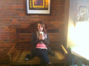 Amanda enjoying her favorite drink from the Mudhouse