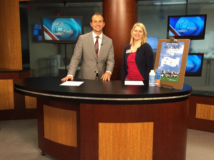 Dietetic Intern Julia Henry promoting the Great American Milk Drive on local TV station