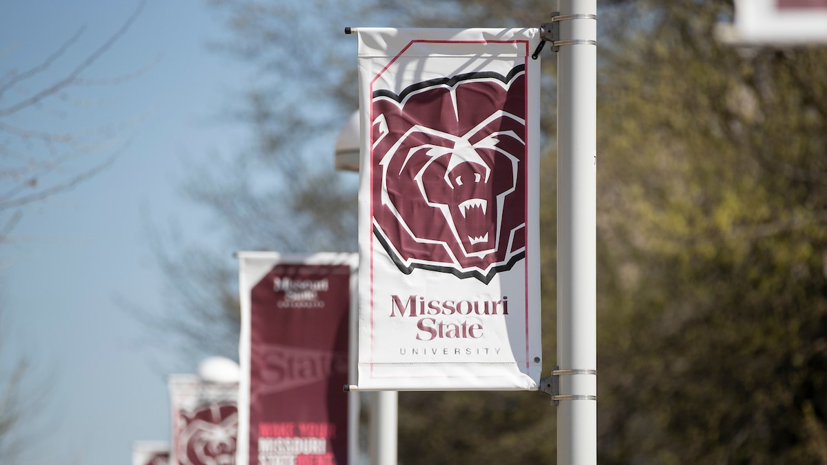 Missouri State branded banners on campus.