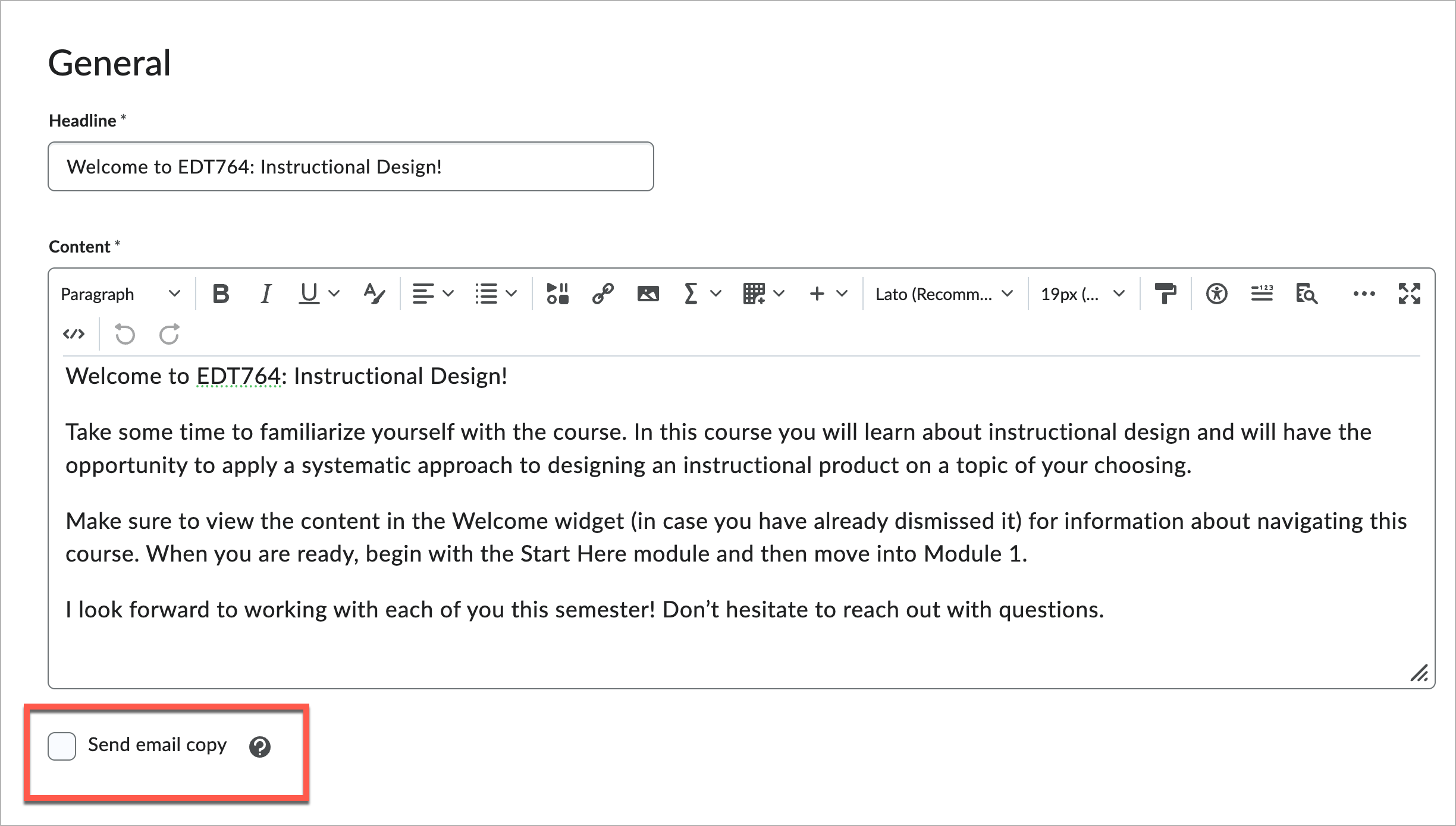 Create announcement page in Brightspace. A red box highlights the new Send Email Copy feature.