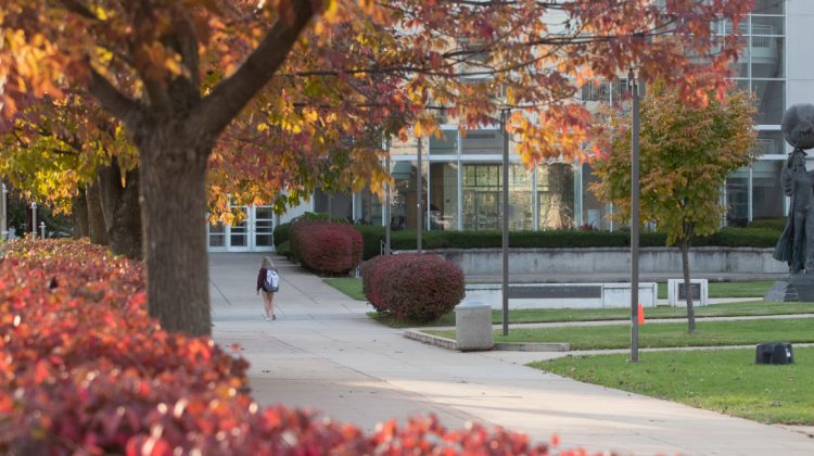 A student walking toward Strong Hall on campus on a fall day.
