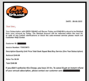 A fake geek squad invoice with a redacted phone number