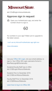 Screenshot of a web browser authentication prompt inlucding a two digit number to enter in the authenticator app