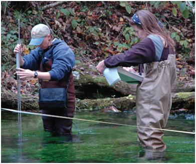 National Park Service Biologist Hope Dodd (left) and former Missouri State student Jessica Luraas measure stream current in Blue Spring Creek