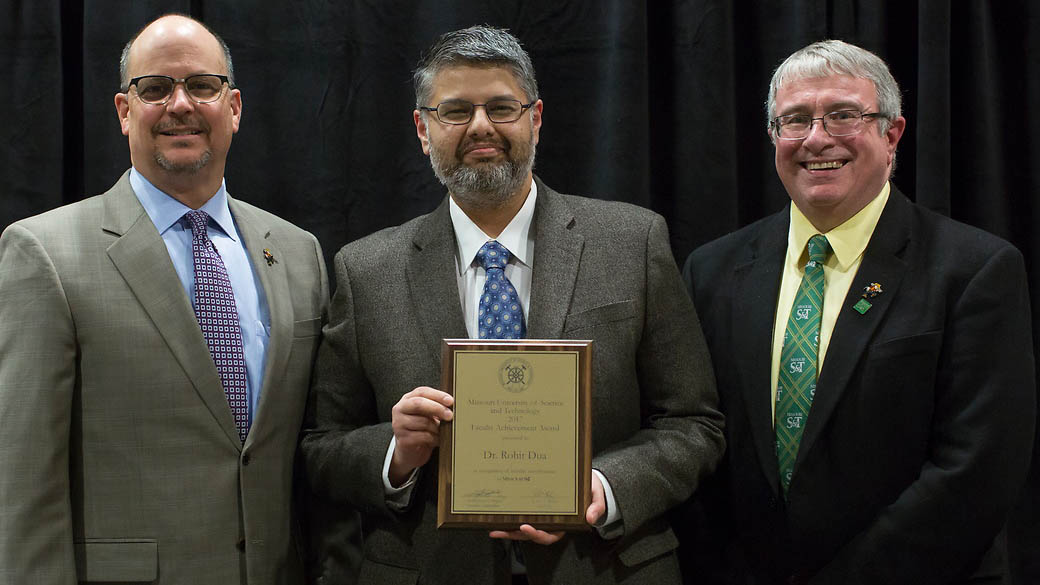 From left to right: Dr. Robert J. Marley, provost and executive vice chancellor at Missouri S&T, Dr. Rohit Dua, and Dr. Christopher G. Maples, interim chancellor at Missouri S&T.
