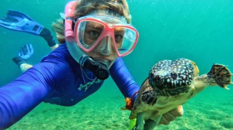 Larissa Saarel, Missouri State University alumna, diving with turtle in hand.