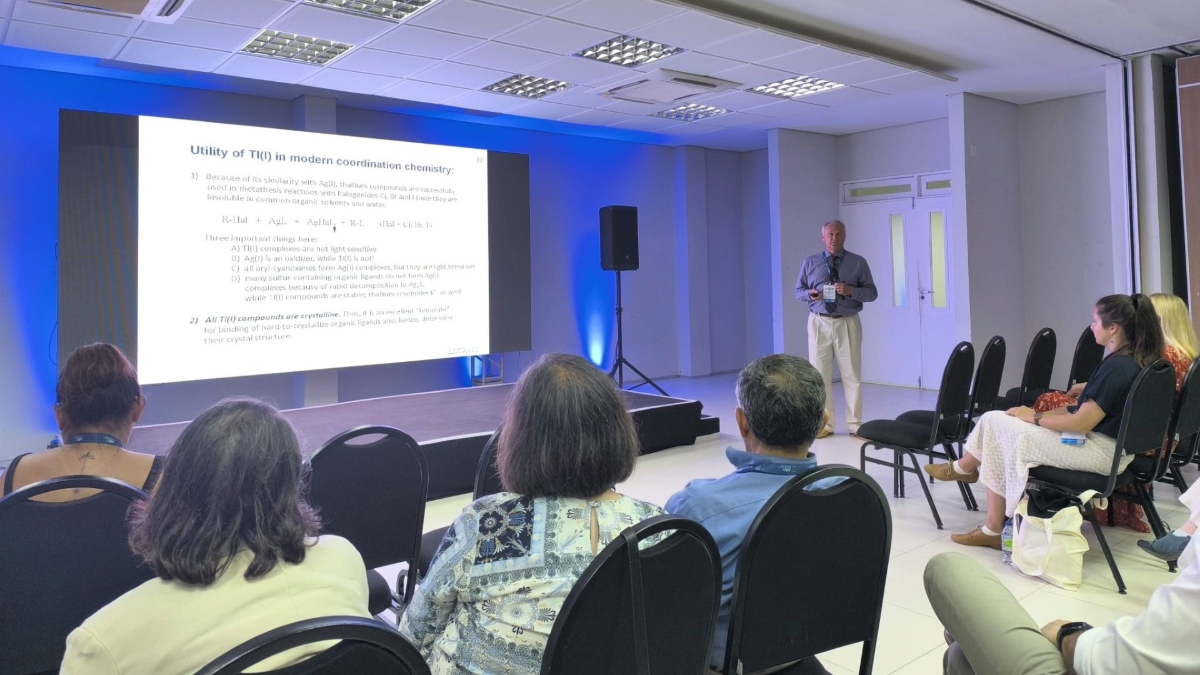 Dr. Nikolay Gerasimchuk, professor of chemistry and biochemistry, gives his keynote at the Latin American Crystallographic Association Conference.