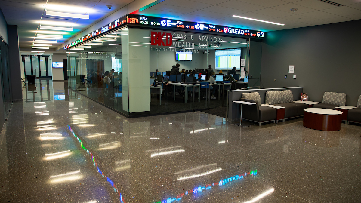 Outside financial trading lab in Glass Hall.