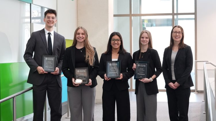Missouri State University CFA (Chartered Financial Analyst) Research Challenge Team (from left to right): Adam Glebocki, Ava Breitenstein, Natalia Recalde and  Katelyn Huesemann, along with Dr. Megan Ramsey.