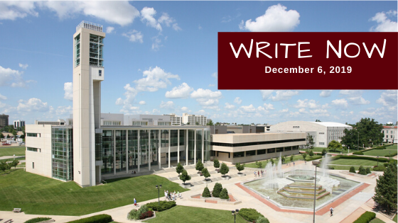 Meyer library with banner that reads: Write Now, December 6, 2019.