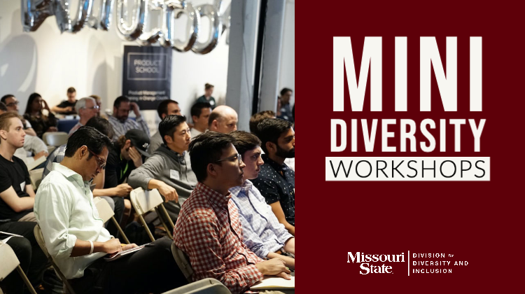Mini Diversity Workshops text with image of people sitting in a lecture